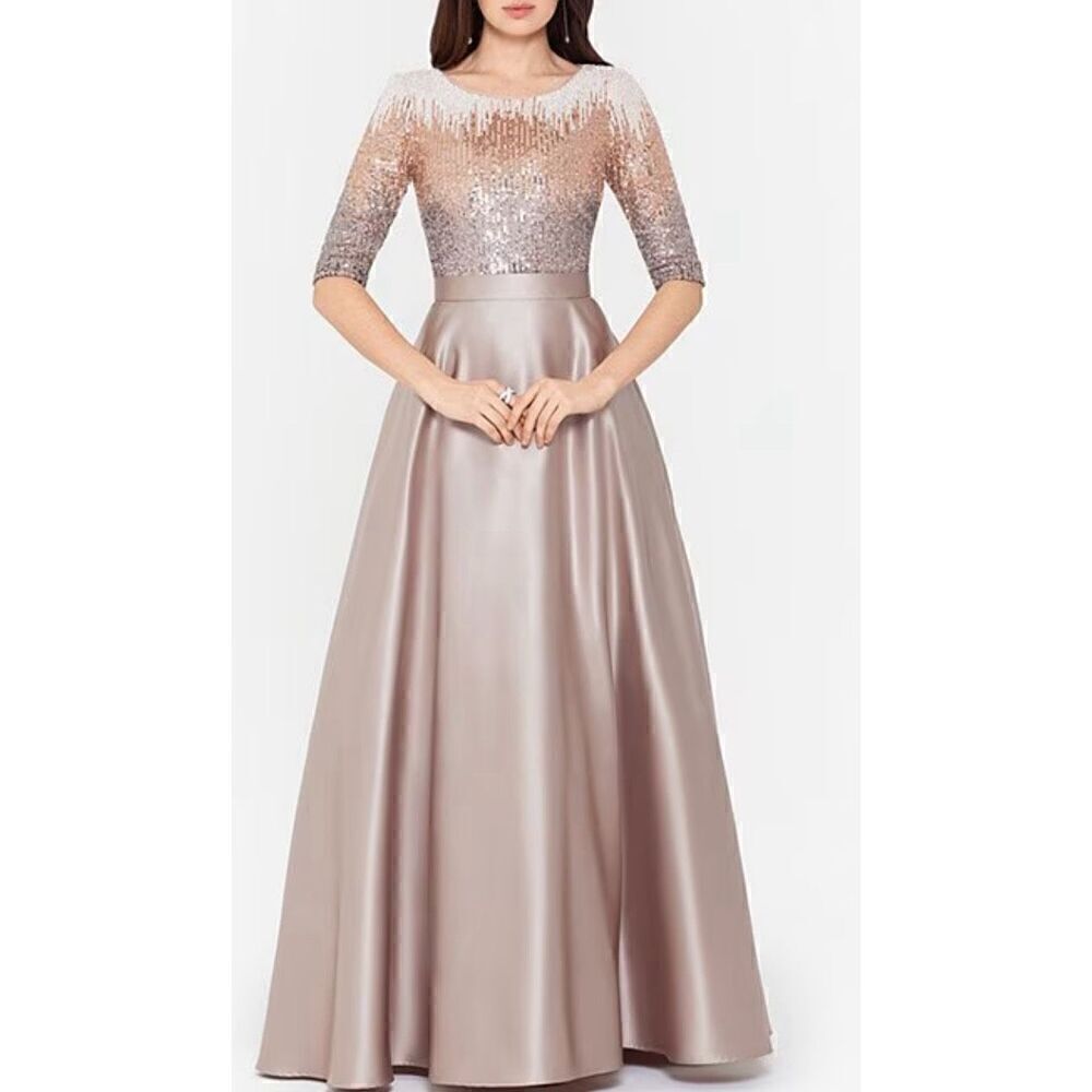 Betsy & Adam Sequin Bodice Round Neck 3/4 Sleeve Satin Ball Gown NWT Size 4 Peti